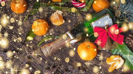 Fototapeta na wymiar Christmas, chocolate, tangerines, New Year, Champagne, celebration, holiday