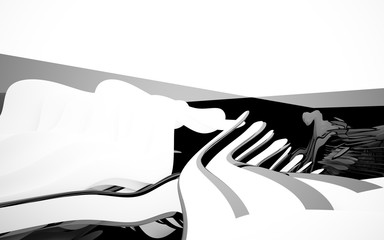 Abstract dynamic interior with white smooth objects and black room . 3D illustration and rendering