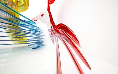 abstract architectural interior with colored smooth glass sculpture. 3D illustration and rendering