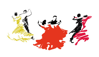 Set of sketches of dancing couple isolated on white. Hobby. Waltz.