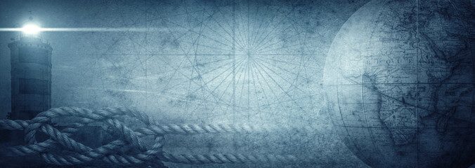  Old globe, lighthouse and sea knot on abstract map background. Pirate, explorer, travel and nautical theme grunge background. Retro style. © Tryfonov