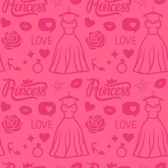 Vector Pink Princess seamless pattern style. Hand drawn dress, inscription, rose, kiss and shoe. Girly surface design.