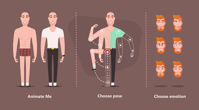 Character man for animation. Isolated parts to create a need posture. Set for creating Flat cartoon - Vector. Different emotions, poses, face expressions, body parts of young hipster male constructor 