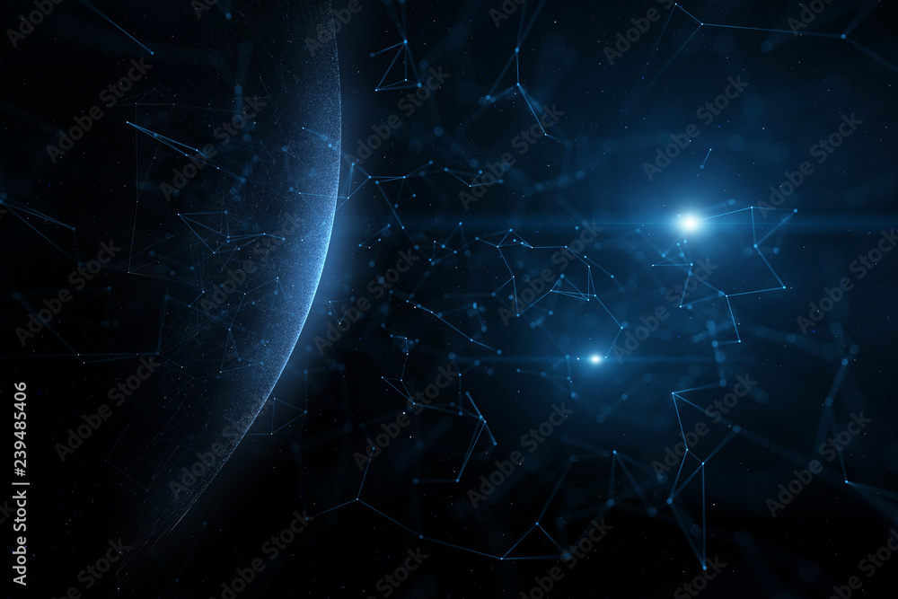 Poster conceptual artificial intelligence network with planets. selective focus used. illustration backgrou