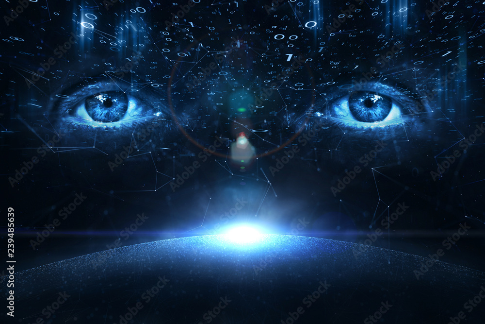 Poster person eyes on digital computer binary numbers data cyberspace background.
