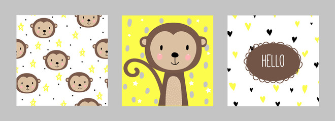 Set of two postcards and one seamless pattern with cute monkey. For print. Funny funny monkey. Hand-drawn. - 239485610