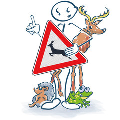 Obraz premium Strichmännchen mit wart mit einem Schild vor den Wildwechsel