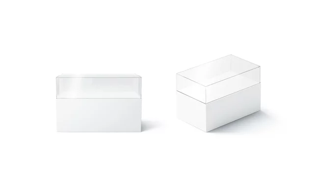 Blank white glass showcase mockup set, front and side view, 3d