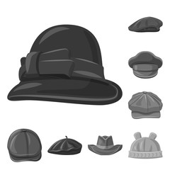 Vector illustration of headgear and cap sign. Set of headgear and accessory stock symbol for web.