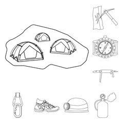 Vector illustration of mountaineering and peak symbol. Set of mountaineering and camp stock symbol for web.