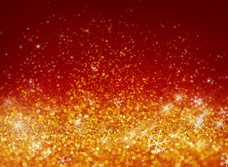 Gold bokeh or glitter lights on red background with empty place for your text.