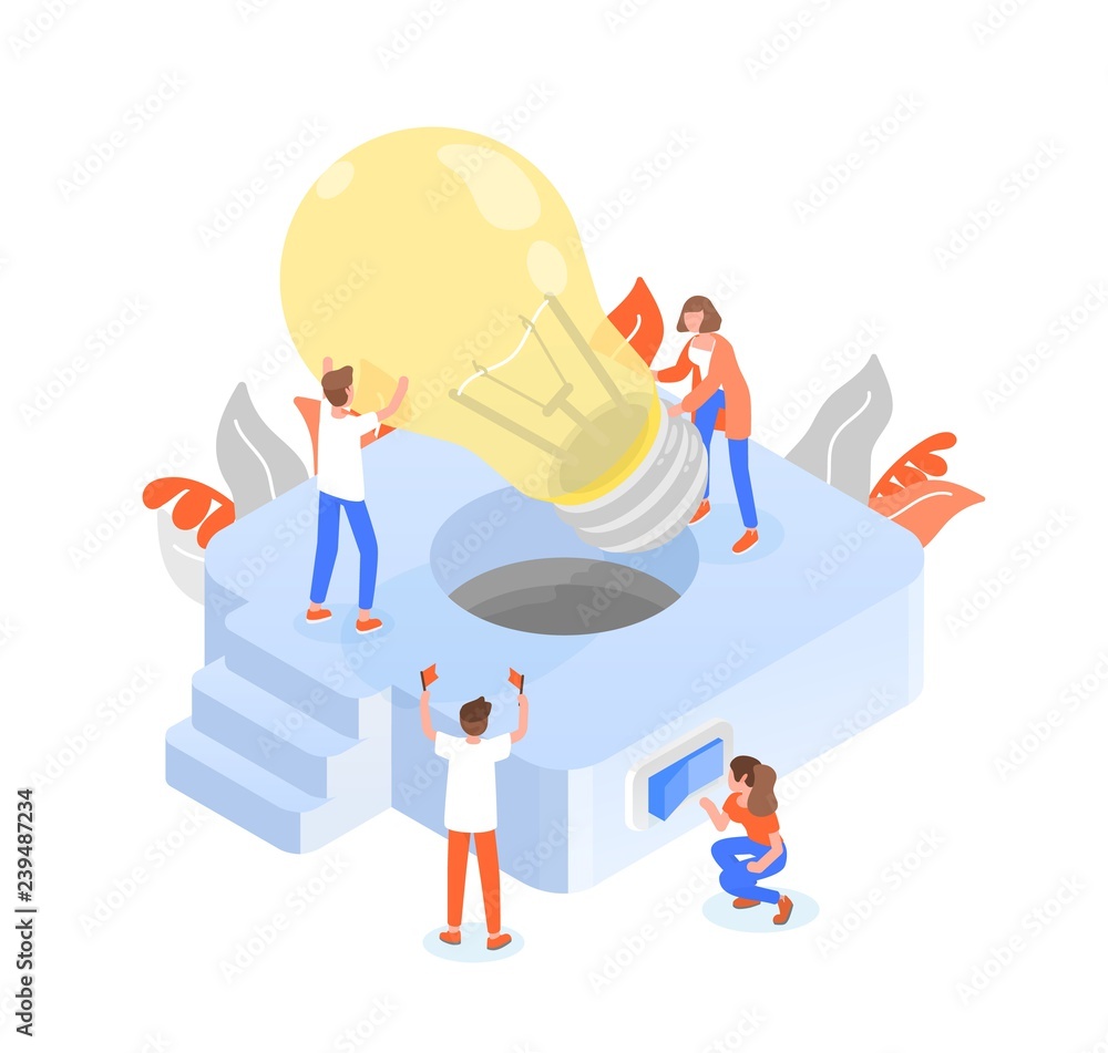Poster group of people or team members putting giant lightbulb into light fixture. teamwork or effective an