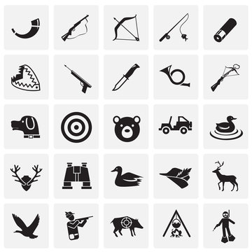 Hunting icon set on squares background for graphic and web design, Modern simple vector sign. Internet concept. Trendy symbol for website design web button or mobile app