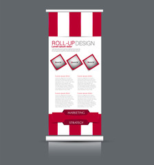 Roll up banner stand. Vertical information board design. Red color vector illustration.
