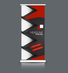 Roll up banner stand. Vertical information board design. Red and black color vector illustration.
