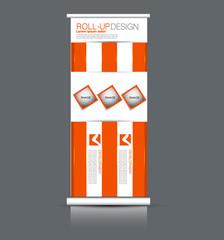 Roll up banner stand. Vertical information board design. Orange color vector illustration.