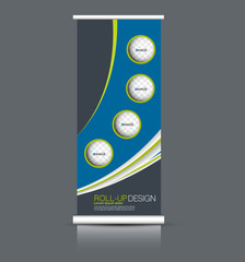 Roll up banner stand. Vertical information board template design. Blue and green color vector illustration.