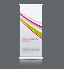 Roll up banner design. Vertical narrow flyer template. Advertising panel layout. Pink and green vector illustration.