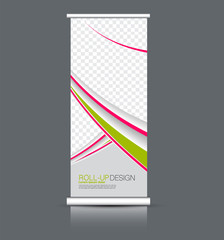 Roll up banner design. Vertical narrow flyer template. Advertising panel layout. Pink and green vector illustration.