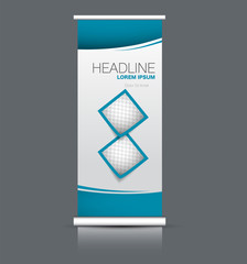 Roll up banner design. Vertical narrow flyer template. Advertising panel layout. Blue vector illustration.
