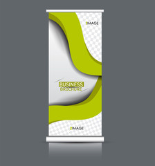 Roll up banner design. Vertical narrow flyer template. Advertising panel layout. Green vector illustration.