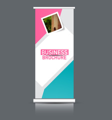 Roll up banner design. Vertical narrow flyer template. Advertising panel layout. Pink and blue vector illustration.