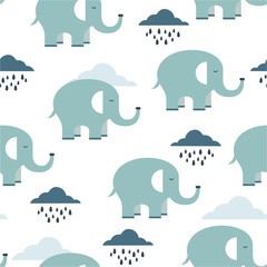 Happy elephants, clouds, hand drawn backdrop. Colorful seamless pattern with animals and water drops. Decorative cute wallpaper, good for printing. Overlapping background vector