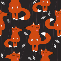 Foxes, leaves, hand drawn backdrop. Colorful seamless pattern with animals. Cute wallpaper, good for printing. Overlapping background vector. Design illustration - 239489252