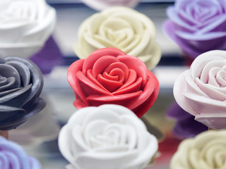 Vivid roses made by ice cream, colorful roses, delicious food, Rose shaped ice cream sold at ice cream shop.