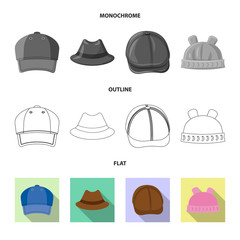 Vector illustration of headgear and cap logo. Set of headgear and accessory vector icon for stock.