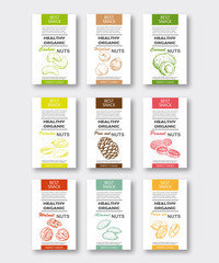 Healthy organic nuts vertical labels set. Vector packaging design.