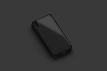 Blank black transparent phone case mockup, isolated on dark surface, 3d rendering. Empty matt...