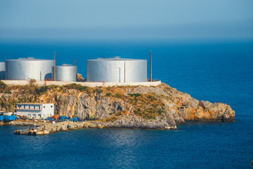 Obraz premium a major oil storage and terminal facility, located on the small island of Aghios Pavlos, Saint Paul, Crete, Greece
