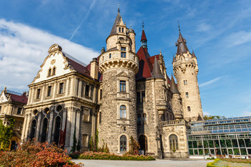 Fototapeta na wymiar Moszna Castle, historic palace located in a village of Moszna, Upper Silesia, Poland