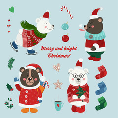 Christmas set with isolated cute bears dressed in winter clothes