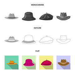 Vector illustration of headgear and cap sign. Set of headgear and accessory stock vector illustration.