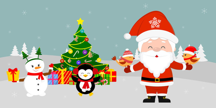 Santa Claus is standing at the Christmas tree and holding birds in his hands. Cute snowman and penguin with a gift on winter background. Winter holidays, cartoon style, vector