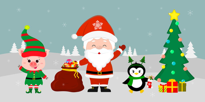 Santa Claus holding a red bag with gifts, a pig in an elf costume, a penguin with a sock , a Christmas tree and a penguin with a gift against the background of winter. Winter holidays, vector