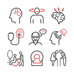 Alzheimer's disease and dementia. Symptoms. Line icons set. Vector signs for web graphics.