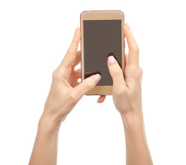 Mobile phone smartphone in hand on a white background. Isolation