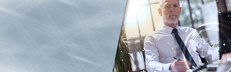 Portrait of senior businessman, double exposure, light effect. panoramic banner