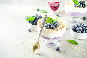 Sweet summer dessert, Blueberry no baked inverted cheesecake in glass, grey stone background copy space
