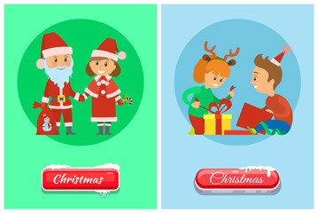 Fototapeta premium Christmas Holidays, Children Opens Presents Vector