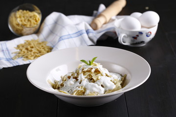 pasta presentation with sauce