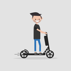 Fototapeta na wymiar Young male Character rides on electric scooter.flat cartoon design.