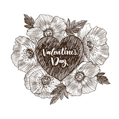 Fototapeta premium Floral vector design frame with big heart. Linear California poppy flowers drawn and sketch. Hand drawn wedding card. Valentines Day concept. Love concept