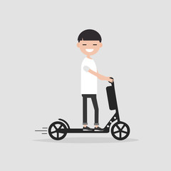 Fototapeta na wymiar Young male Character rides on electric scooter.flat cartoon design.