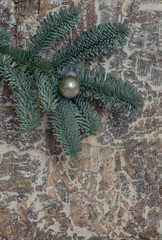 Fototapeta na wymiar Spruce branch with a small toy on a dervyannom background.