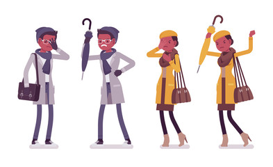 Stylish young black man, woman in autumn clothes, negative emotions