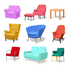 Set of modern colorful soft armchair and sofa with upholstery. Armchairs for room design games. Cushioned furniture, room decoration, interior design isolated on white. Vector illustration flat style.